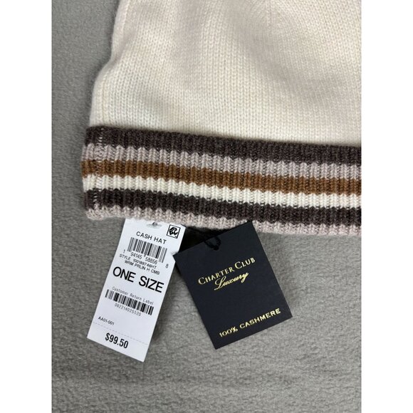 Charter Club Luxury 100% Cashmere White Beanie Hat With Striped Cuff OS NWT's - Picture 2 of 7